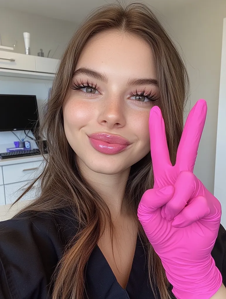 A young woman with long brown hair and light makeup is wearing a black shirt and a pink glove. She is smiling and showing the peace sign.  The background is blurry and shows a white countertop and a computer monitor.  The woman appears to be in a clinical setting, possibly a doctor's office or a beauty salon.