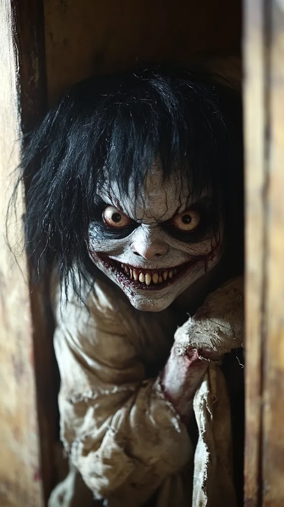 A close-up of a horrifying doll with long black hair and a wide, toothy grin. The doll is peeking out from behind a wooden door, its eyes are wide and unnaturally bright. The doll is dressed in a white, tattered gown, and its skin is pale and marred with scratches. The image is disturbing and evokes a sense of fear and unease.