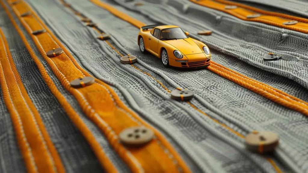 A small yellow toy car is driving down a path made of orange stitching and grey fabric. There are buttons along the edges of the path. The background is blurred. The fabric has a textured appearance. The toy car is in focus. The lighting is soft.