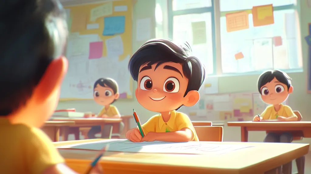 The image shows a classroom setting with three young boys. The boy in the foreground is drawing with a green pencil, while the other two boys are sitting at their desks. The room is bright and sunny with a window in the background. The image conveys a sense of childhood innocence and the joy of learning.