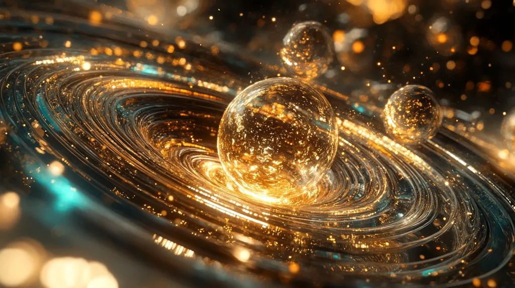 The image is of a swirling galaxy of gold and black, with a large orb of gold light at the center. Smaller, similar orbs are suspended above, and the background is filled with small, shimmering specks of light. The image is abstract and suggestive of a cosmic or celestial scene, perhaps depicting a black hole or the birth of a star. The use of light and color creates a sense of wonder and awe.