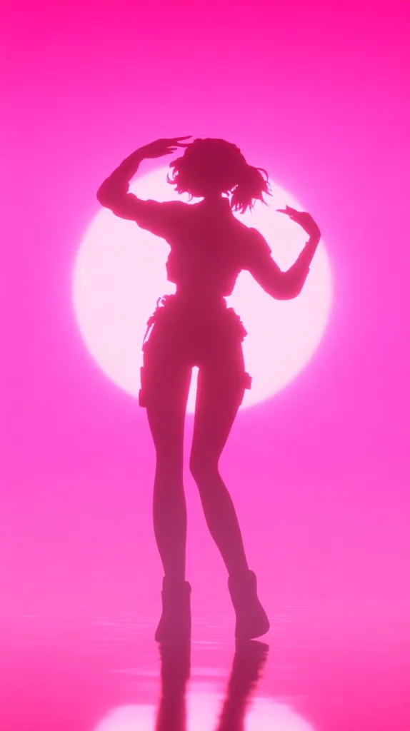 The image features a silhouette of a woman posing in front of a large pink circle. The woman's body is angled to the left, and her hair is styled in a messy bun. She is wearing a top and shorts and is posed with her arms above her head, one hand covering her face. The background is a solid pink color, with the large circle appearing to be a sunset.  The image gives off a retro, 1980s vibe.