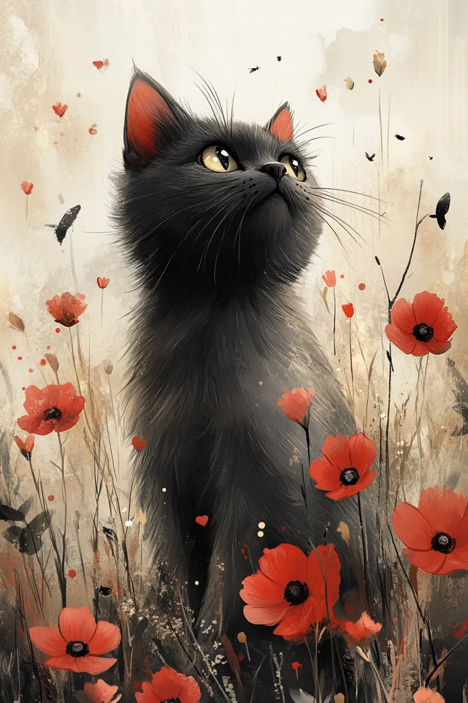 A black cat with bright yellow eyes is standing in a field of red poppy flowers. The cat is looking upwards, with its ears perked up and its whiskers twitching. The background is a soft, muted brown, with a few small birds flying in the distance. The overall effect is one of serenity and peace.