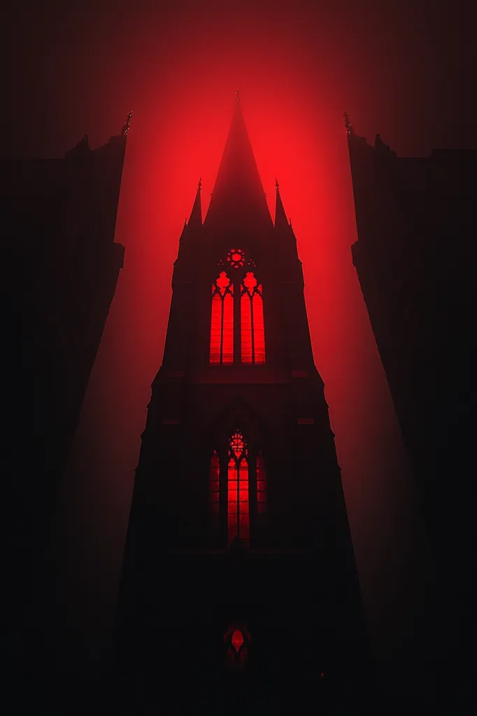 A tall gothic church tower stands silhouetted against a vibrant red sky, likely illuminated by a sunset or a fire. The fog obscures the surrounding buildings, creating a sense of mystery and isolation. The glowing windows of the tower add a touch of warmth and intrigue to the scene. The dramatic lighting and architectural details evoke a sense of grandeur and spirituality.