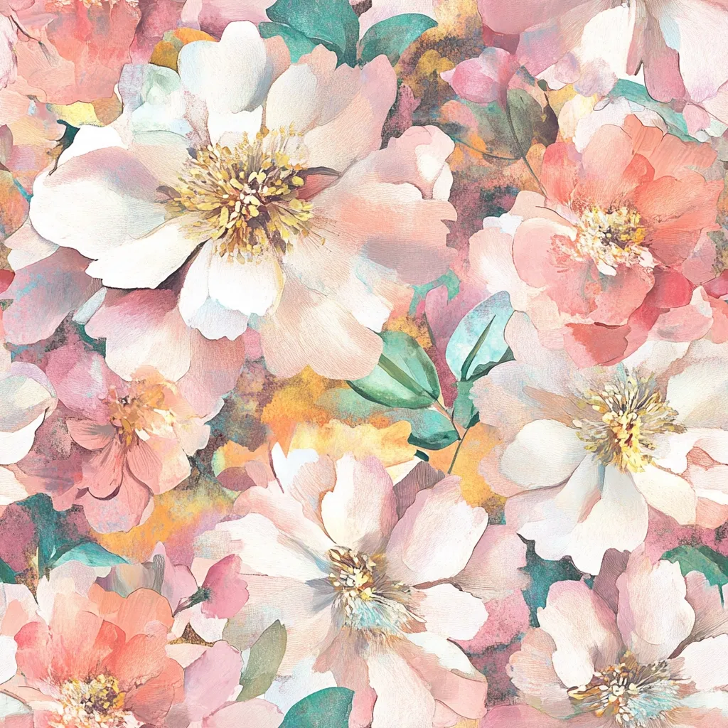 The image is a close-up of a watercolor painting of a floral bouquet. The flowers are predominantly pink and white with delicate green leaves scattered throughout. The flowers are rendered with soft, blurred edges, creating a dreamy and ethereal feel. The background is a hazy yellow and orange, adding depth and warmth to the composition. The overall impression is one of gentle beauty and delicate femininity.