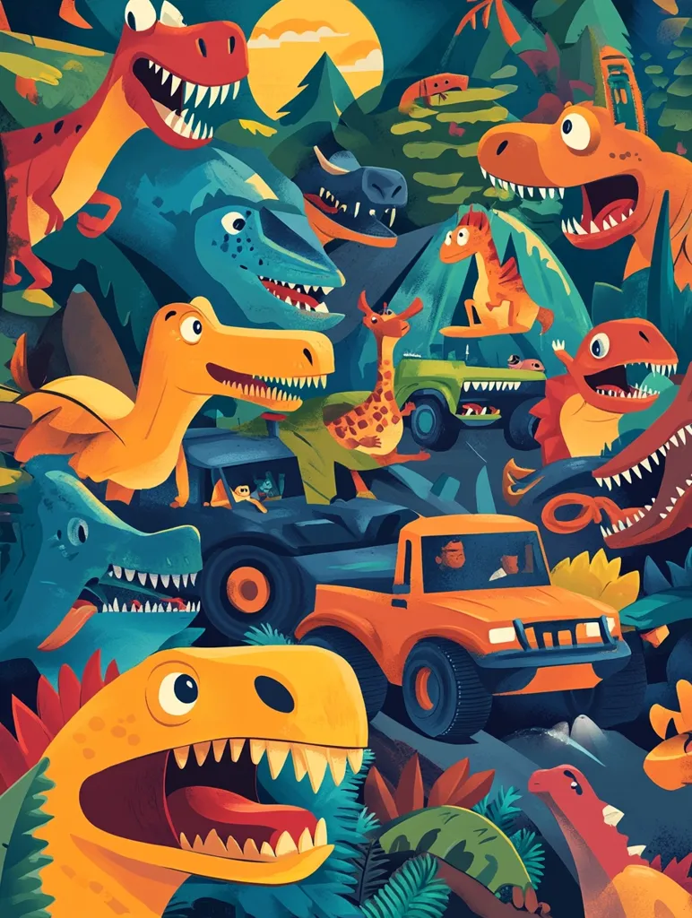 A vibrant jungle scene teeming with dinosaurs. In the foreground, a bright orange dinosaur with a wide, toothy grin, a blue dinosaur with white teeth, and a jeep with two figures inside.  The background is a colorful tapestry of green foliage, orange, blue, and yellow dinosaurs, and a setting sun.  The image bursts with energy and playful chaos.