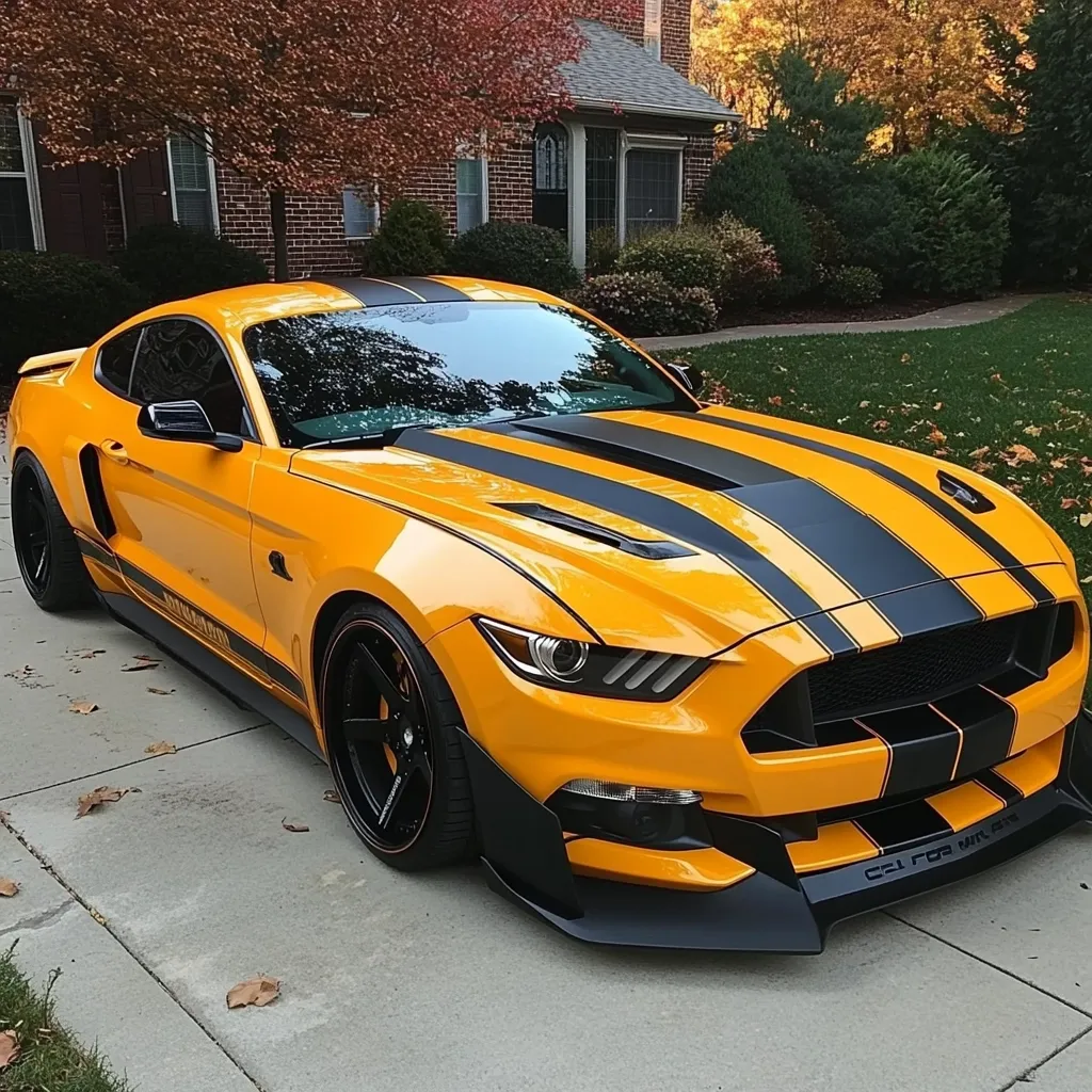 A bright yellow Ford Mustang Shelby GT350R sits parked on a concrete driveway with black racing stripes. It is a sunny day and the leaves on the trees behind the car are changing color. The car is pristine and looks fast and powerful. The car's black wheels are in sharp contrast to the yellow paint. The car has a black spoiler and a black front bumper. There are leaves scattered around the car.