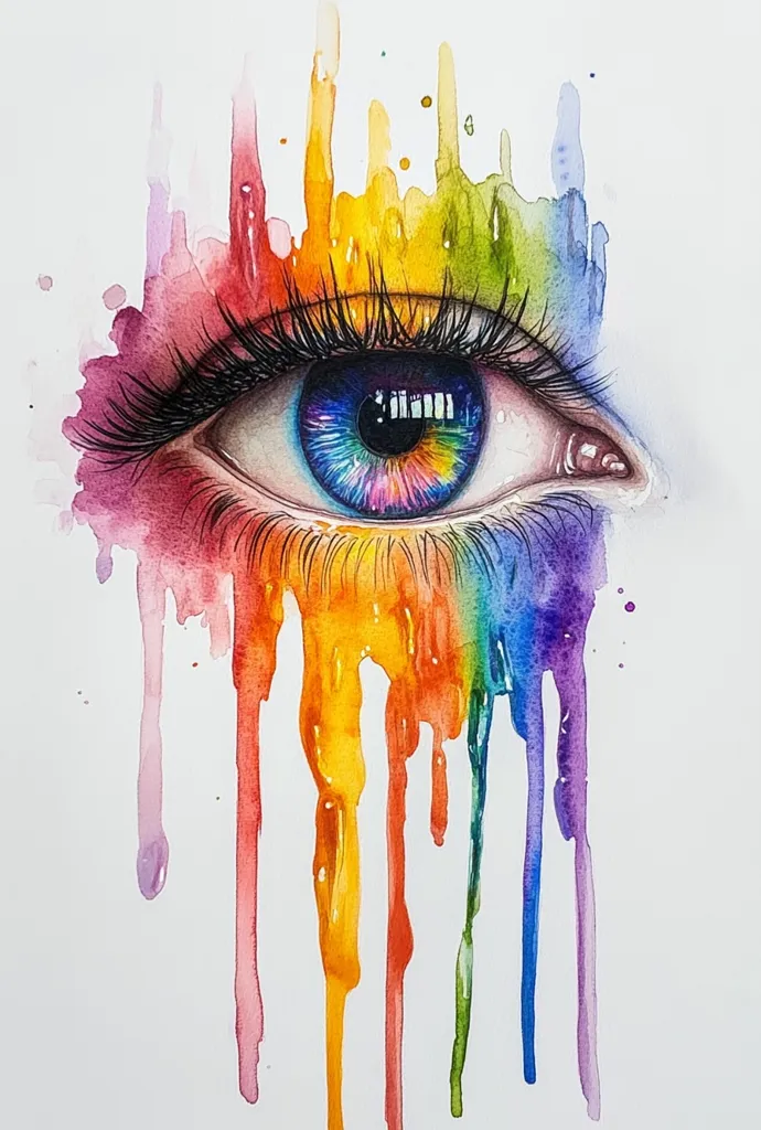 A watercolor painting of an eye with a rainbow iris. The colors of the rainbow are dripping down from the eye, creating a vibrant and colorful cascade. The painting is abstract and expressive, highlighting the beauty and power of human emotions. The eye is open and gazing outwards, suggesting a sense of awareness and introspection.  The background is a simple white, allowing the colors of the eye and the dripping paint to take center stage.