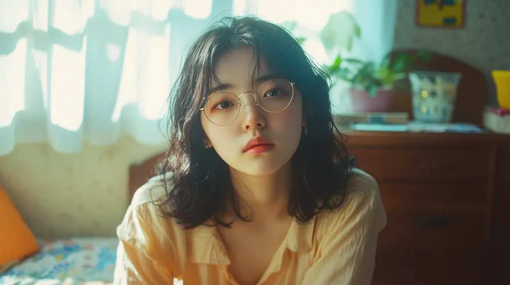 A young woman with dark hair and round glasses looks directly at the camera. Her expression is neutral, and she is wearing a light yellow top. The background is out of focus, showing a room with a bed and a dresser. The image is soft and dreamy, with a focus on the woman's face.