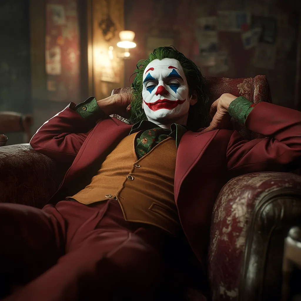 The Joker, with his signature green hair and clown makeup, lounges in a worn leather armchair. He wears a crimson suit with a mustard yellow vest, a green patterned shirt, and a tie. His eyes are closed, and his lips are slightly parted, suggesting a moment of relaxed contemplation. The dimly lit, vintage setting enhances the image's eerie and melancholic atmosphere.