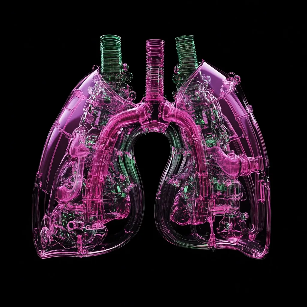 A 3D rendering of a pair of lungs, rendered in a transparent, almost glass-like, pink and green material.  The intricate details of the lungs' internal structure are visible, creating a detailed and complex representation of the human organ.  The image is rendered against a black background, highlighting the translucent quality of the lungs.