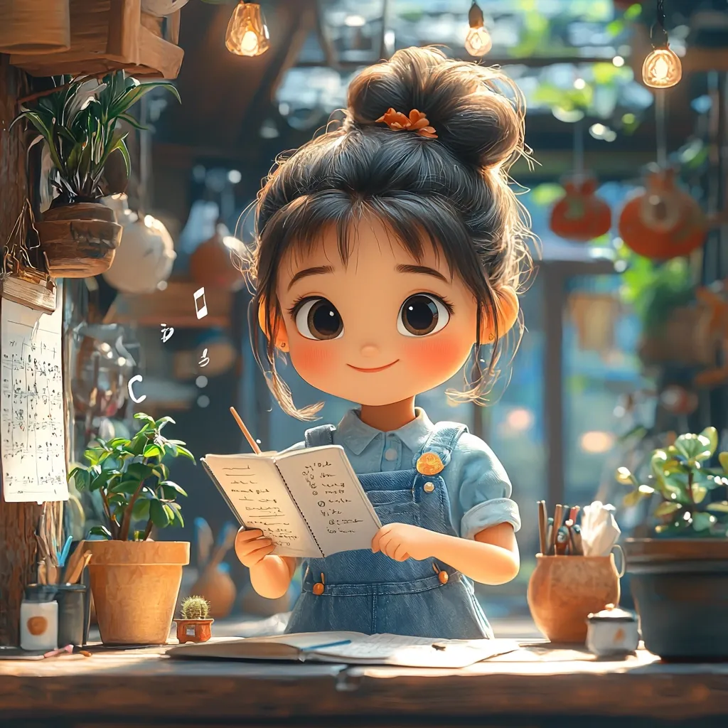 A cartoon girl with big brown eyes and rosy cheeks smiles as she holds a notebook and a pen. Her hair is tied back in a bun and she is wearing a blue overalls. She is sitting at a table in a cafe, surrounded by plants. The scene is filled with warmth and whimsy, suggesting a lighthearted and playful atmosphere.