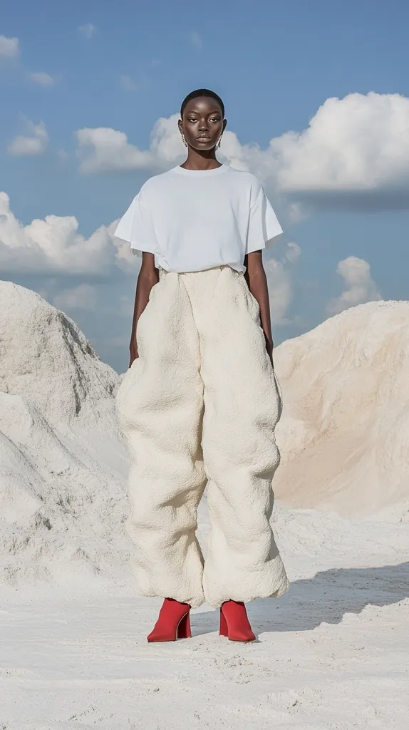 A woman with dark skin is standing in a white sandy desert. She is wearing a white t-shirt and large white pants. She is also wearing bright red shoes. The sky is blue with white clouds. The image is bright and the woman is looking directly at the camera.