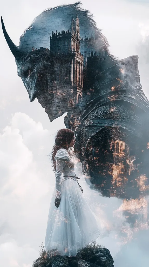 A woman in a white dress stands on a rocky outcrop. Behind her, a shadowy figure, seemingly a knight, stands with a city superimposed over him. The sky is cloudy, adding to the ethereal and mysterious atmosphere of the image. The city seems to be on fire, creating a contrast between the light of the dress and the darkness of the knight. The image evokes a sense of tragedy and loss.
