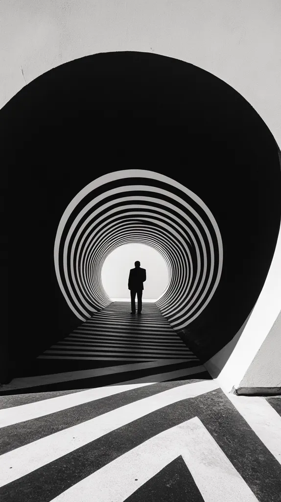 A person in a suit stands in the middle of a black and white striped tunnel. The tunnel is a circular design, with the stripes creating a hypnotic effect. The image is in black and white, creating a stark contrast between the light and dark areas. The person is silhouetted against the light at the end of the tunnel.