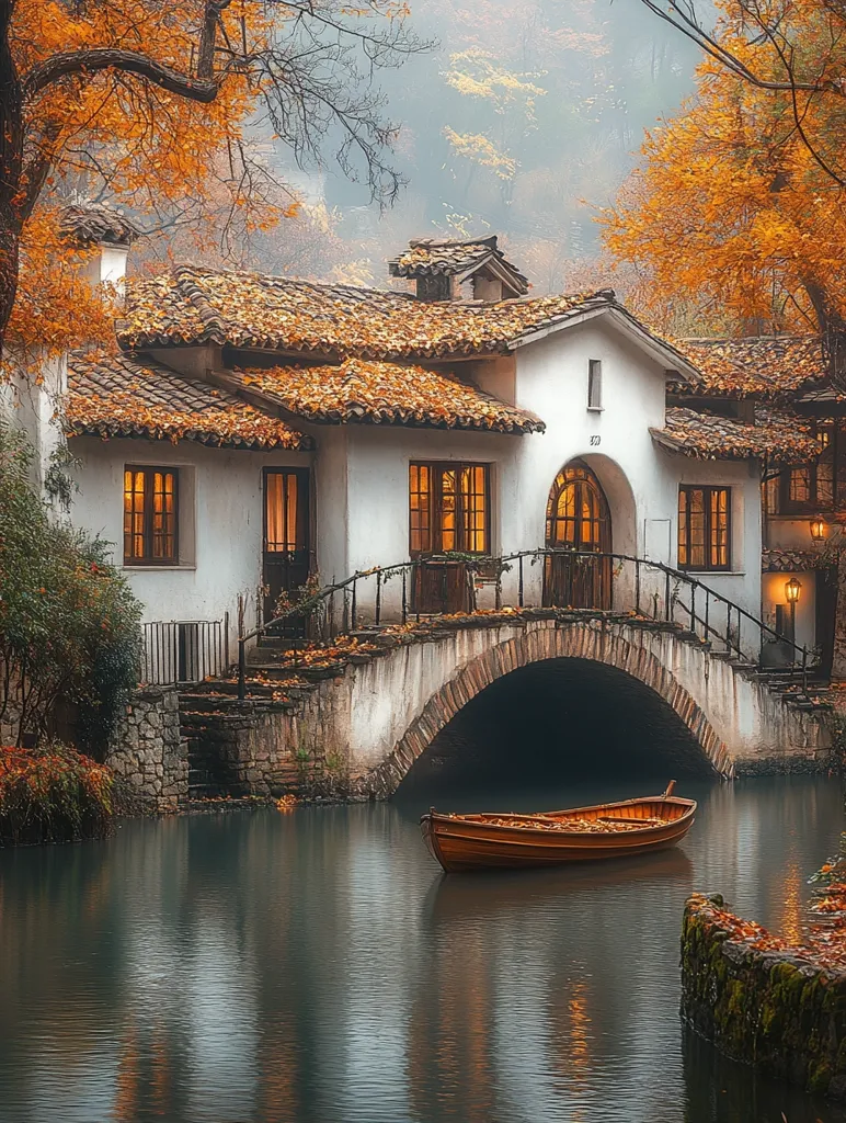 A charming white cottage with a tiled roof sits on a riverbank, nestled amongst autumn foliage. A stone bridge arches over the calm water, leading to the house.  A wooden rowboat rests peacefully in the river, adding to the idyllic scene. The soft, misty atmosphere creates a tranquil and inviting ambiance.  The image is a picturesque depiction of a cozy retreat in nature.