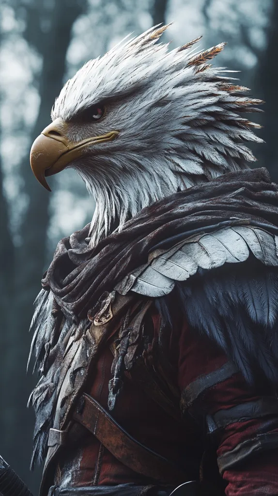 A majestic eagle, its head turned to the side, gazes intently with a sharp, piercing eye. Its white feathers are ruffled, creating a textured crown. It wears a dark, tattered cloak and intricate leather armor, suggesting a warrior or hunter. The image conveys a sense of power, focus, and an untamed spirit. The blurred background of trees and foliage adds depth and mystery to the scene.