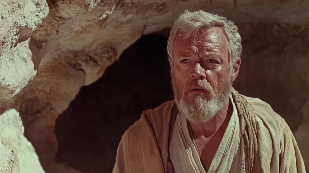 A man with a white beard and white hair is wearing a brown and white robe. He stands in a cave, looking out at the viewer with a concerned expression. The cave has a rough, textured wall and a dark interior.  The man is the Jedi Master, Obi-Wan Kenobi, from Star Wars.