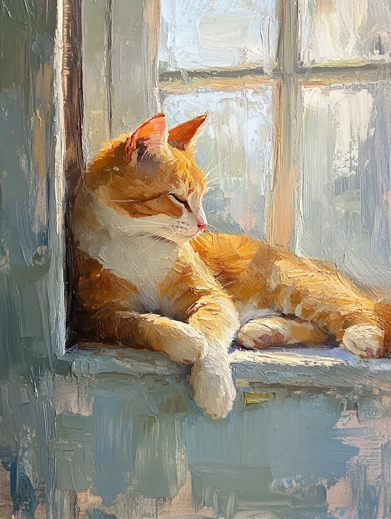 A ginger cat with white markings rests its head on a windowsill, its body draped over the edge. Sunlight streams through the window, illuminating the cat's fur. The cat's eyes are closed, suggesting a peaceful slumber. The painting captures a moment of tranquility and the beauty of a simple domestic scene. The artist's brushstrokes create a textured and impressionistic style.