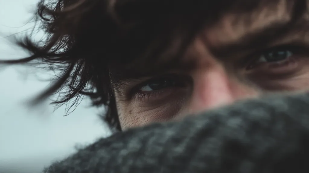 A close-up shot of a man's face, partially obscured by a dark, textured material. His right eye is visible, revealing a deep, intense gaze, while his hair, blown by the wind, frames the image. The photo evokes a sense of mystery and introspection.