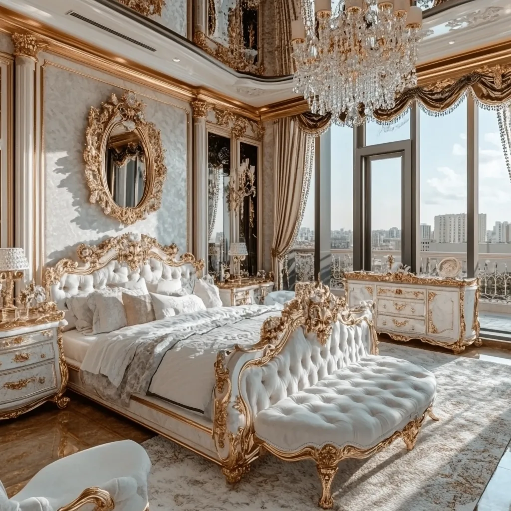A luxurious bedroom with a large, ornate bed with gold accents and white linens.  A matching ottoman sits at the foot of the bed. The room is decorated in a lavish style with gold trim, a large chandelier, and a mirrored ceiling. The windows offer views of the city skyline.