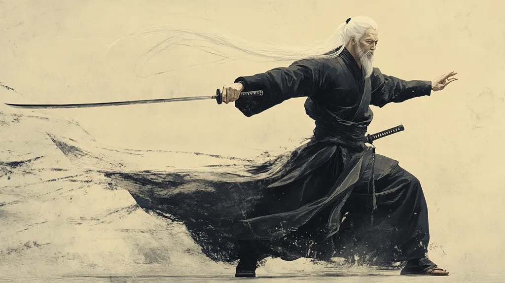A lone samurai, clad in black with a long, flowing white beard, stands poised, his long sword held in a fighting stance. His white hair and beard stream in the wind, creating a dramatic contrast to the dark fabric of his clothing. The image captures the essence of the samurai's strength and discipline. The backdrop is a simple, muted beige, adding emphasis to the figure and the weapon.  The composition suggests both a quiet intensity and an imminent clash.