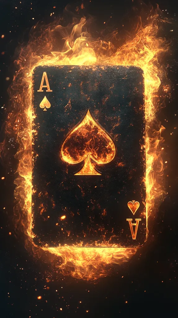 A single playing card, the Ace of Spades, is engulfed in flames. The card is black with a large spade suit in the center, outlined in flames. The edges of the card are burning, and the flames are billowing out on all sides. The background is black with sparks flying in the air. The image evokes a sense of danger and intensity.