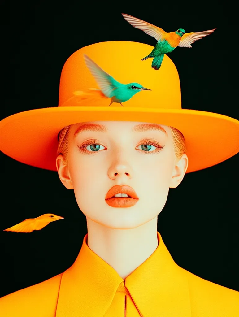 A woman with fair skin and bright blue eyes is wearing a large, bright orange hat. The hat is adorned with three small, colorful birds. Her lips are painted a bold, orange color. The background is black. The overall image is bold and vibrant.