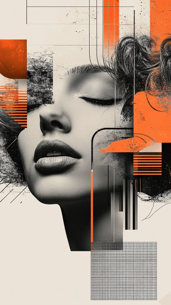 The image is an abstract portrait of a woman with her eyes closed. Her face is in black and white and is surrounded by a collage of geometric shapes, lines, and textures in orange and black. The background is a light beige. The overall effect is a mix of modern and vintage aesthetics.