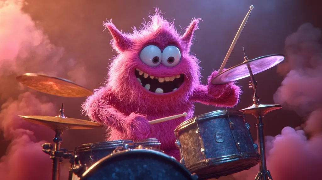 A pink, furry monster with large, white eyes and a wide smile is playing the drums. He has his arms raised in the air, holding drumsticks. He is surrounded by fog and a pink and purple light. He looks excited and energetic. The scene is full of vibrant color and a playful energy.