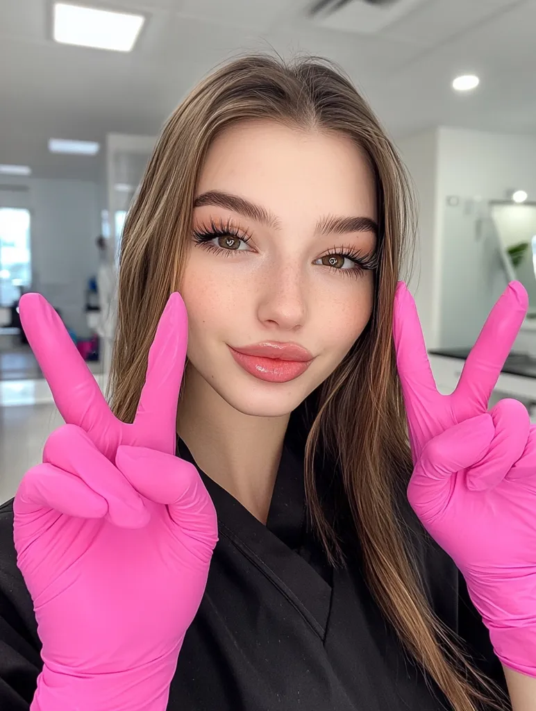 A young woman with long brown hair is wearing a black shirt and pink gloves. She is making the peace sign with both hands. She has a light complexion and full lips. The background is out of focus. The photo is taken at a close-up angle.  The woman looks confident and happy.