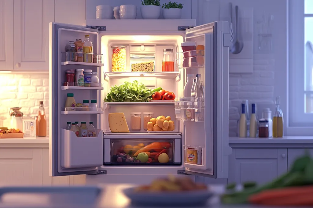 The image shows a white refrigerator with both doors open. The fridge is well-stocked with a variety of food and drink items, including fresh produce, dairy products, and condiments. The interior is lit with a bright light, highlighting the contents. There are also items on the counter next to the fridge, suggesting a kitchen setting. The overall impression is one of abundance and organization.