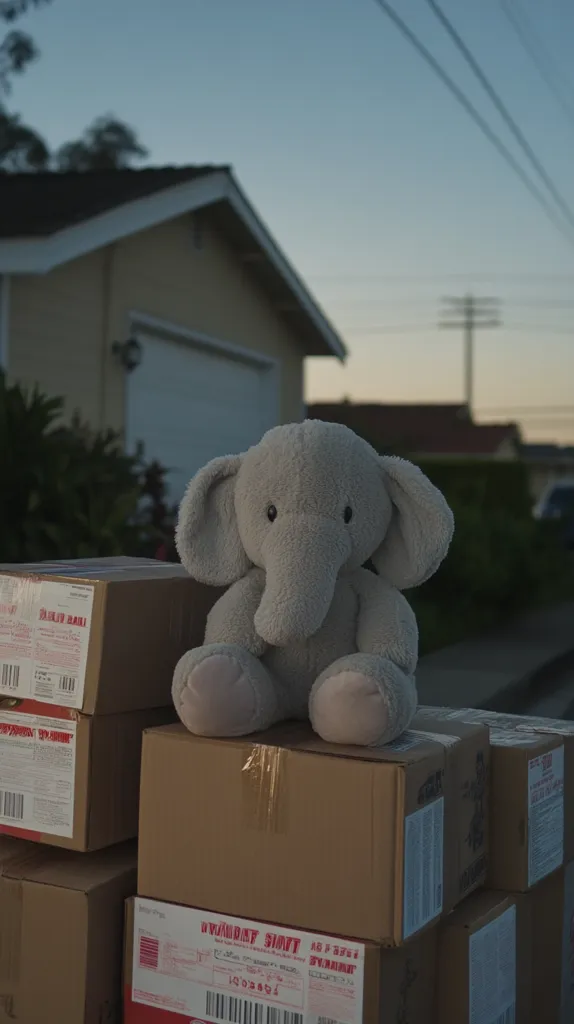 A gray plush elephant sits on a stack of cardboard boxes outside a house. The boxes are stacked high, and the elephant looks out at the viewer with its large, dark eyes. The background is blurred and features a suburban house with a garage door and power lines. The image has a sense of calmness and quietude.