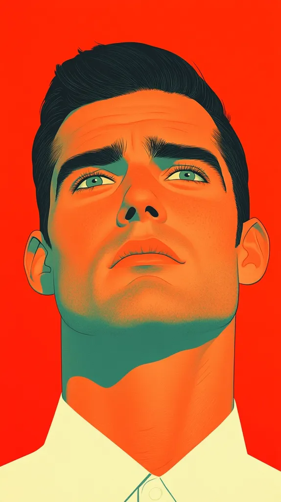 The image is a portrait of a man with dark hair, green eyes, and a light complexion. The man is wearing a white shirt with a collar. He is looking upwards with a serious expression. The background is a vibrant red. The image is stylized and digitally rendered, with a focus on bold colors and simple lines.