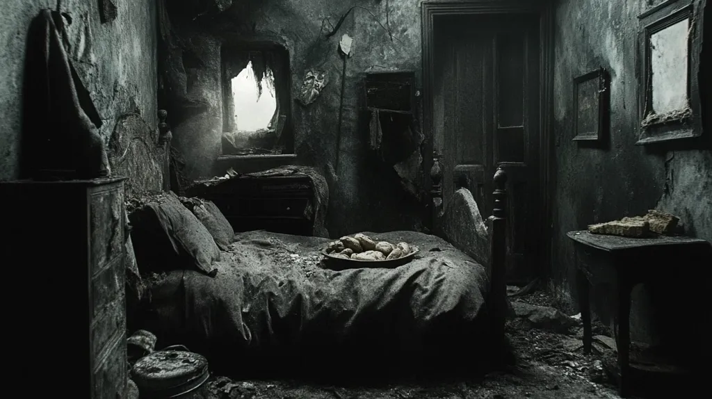 The image shows a bedroom that has been ravaged by fire. The walls and furniture are covered in soot and ash, and a single window is broken. A bed, with a bowl of potatoes on top of it, is visible in the center of the room. There is a small, wooden table in the corner of the room, also covered in ash. The image is dark and eerie, and gives a sense of loss and devastation.