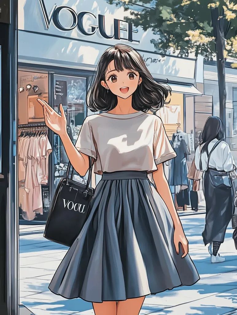 A young woman with long black hair, wearing a white t-shirt and a blue pleated skirt, stands in front of a Vogue store. She is smiling and carrying a black handbag. The image is drawn in an anime style with soft colors and a dreamy atmosphere. The setting is a bustling city street with other people walking by.