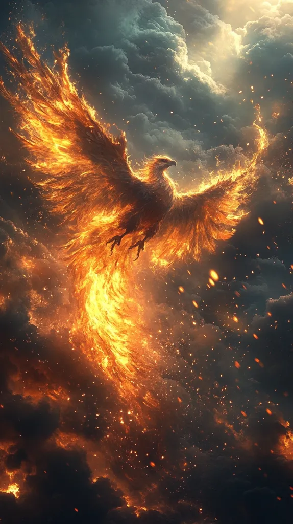 A fiery phoenix soars through a stormy sky, its wings and tail ablaze with orange and yellow flames. The bird's body is outlined against a backdrop of dark clouds, with a trail of sparks trailing behind it. The image suggests a mythical creature rising from the ashes, representing rebirth and renewal.