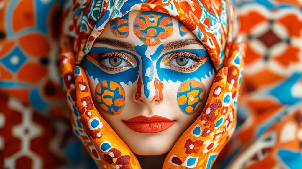 A woman with vibrant blue, orange, and white paint on her face and hands. She is wearing a headscarf with a similar pattern. Her eyes are large and framed by bold, black eyeliner. Her lips are a bright red. The background is a blur of orange, blue, and white geometric shapes. The image is a striking portrait of a woman who is embracing her individuality and creativity.
