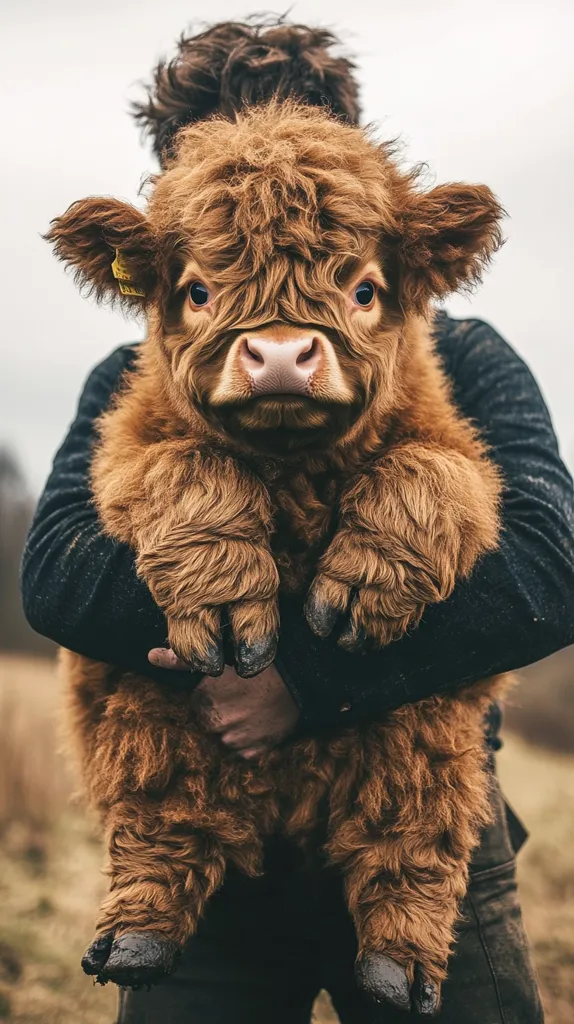 A man is holding a fluffy brown Highland calf in his arms. The calf has big, curious eyes and a soft, pink nose. The man is wearing a black jacket and dark pants, and the calf's legs are dangling over his shoulders. The background is a blurry field of green grass and brown earth. The calf looks like a cuddly teddy bear and is a sweet, innocent creature.