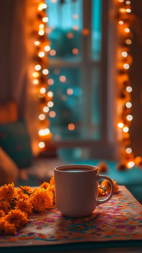 A white mug of coffee sits on a colorful patterned table, surrounded by orange flowers. The background is blurred, showing a window with a turquoise glow and strings of twinkling lights. The overall image evokes a cozy and warm atmosphere, suggesting a moment of relaxation and enjoyment.