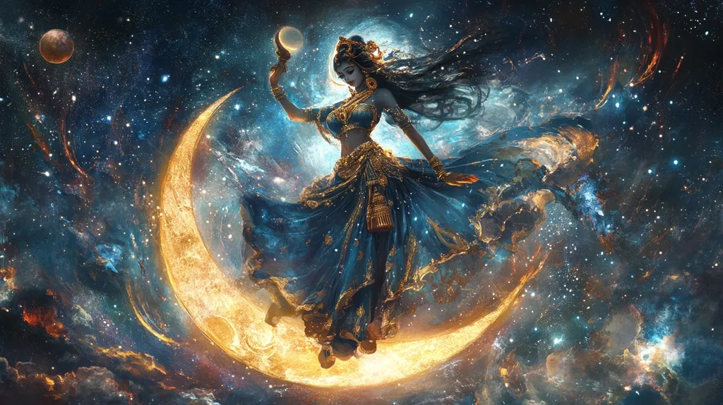 A woman in a blue and gold dress dances on a crescent moon against a backdrop of swirling stars and nebulae.  She holds a crescent moon in her hand, a symbol of celestial power.  Her long black hair flows behind her, and her eyes are wide with wonder.  The image evokes a sense of magic and mystery.  The vastness of space is both awe-inspiring and humbling.  This is a powerful image of female divinity and the beauty of the universe.