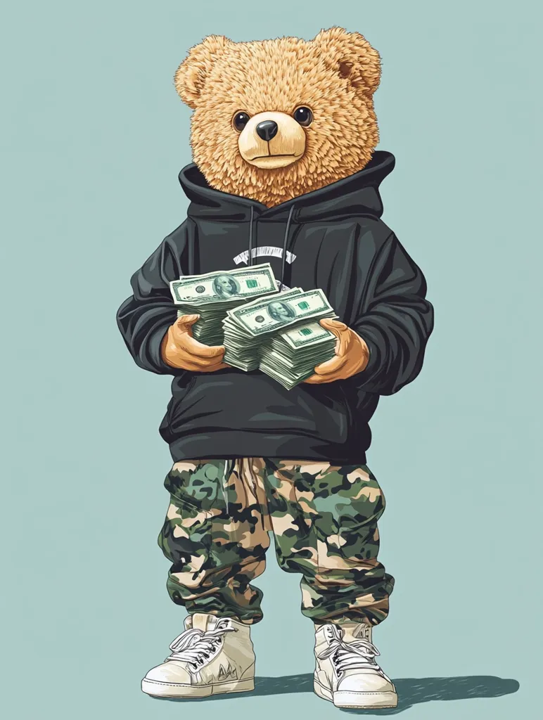 A cartoon teddy bear is dressed in a black hoodie, camouflage pants, and white sneakers. He is holding a large stack of cash in his hands, looking serious and confident. The background is a light blue, creating a simple and playful contrast. The illustration is humorous, suggesting the bear has achieved financial success.