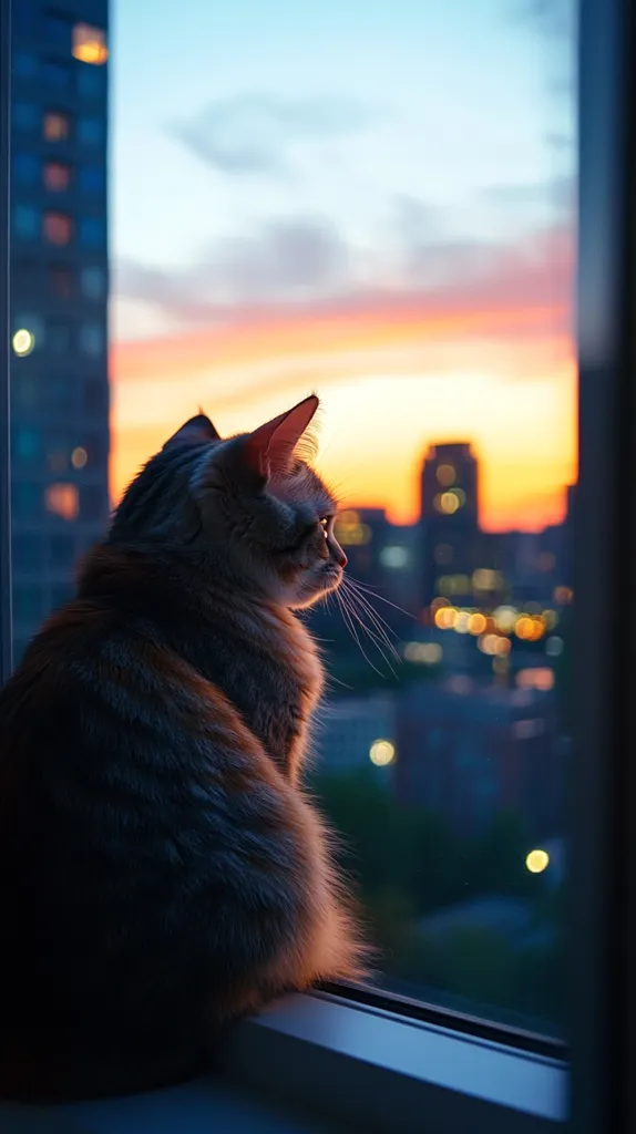 A cat sits by a window, gazing out at the city skyline as the sun sets. The city lights twinkle in the distance, casting a warm glow on the cat's fur. The cat's silhouette is outlined against the vibrant orange and pink hues of the evening sky. The image captures a moment of quiet contemplation and a sense of peace amidst the bustling city.