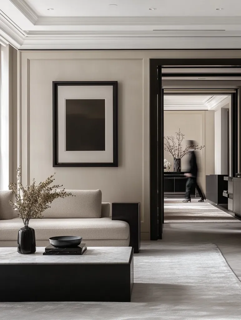 The image depicts a modern living room with minimalist design. A large white sofa sits in the foreground, facing a black coffee table. A black framed picture hangs on the wall to the left. An open doorway leads to another room, where a person is walking through a hallway. The overall aesthetic is sleek and sophisticated, with clean lines and muted colors. The space is well-lit and inviting.