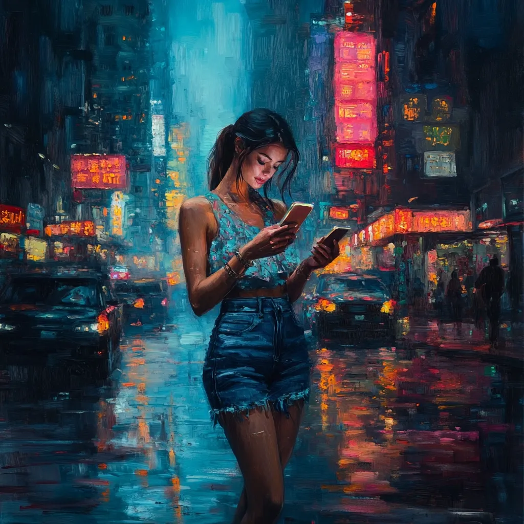 A young woman in a blue tank top and denim shorts stands on a bustling city street, bathed in the glow of neon signs. Her hair is pulled back from her face, and she is looking down at a phone in her hands. The street is wet and reflective, with streaks of light from passing cars creating a shimmering effect. The painting captures the energy and vibrancy of a city at night.