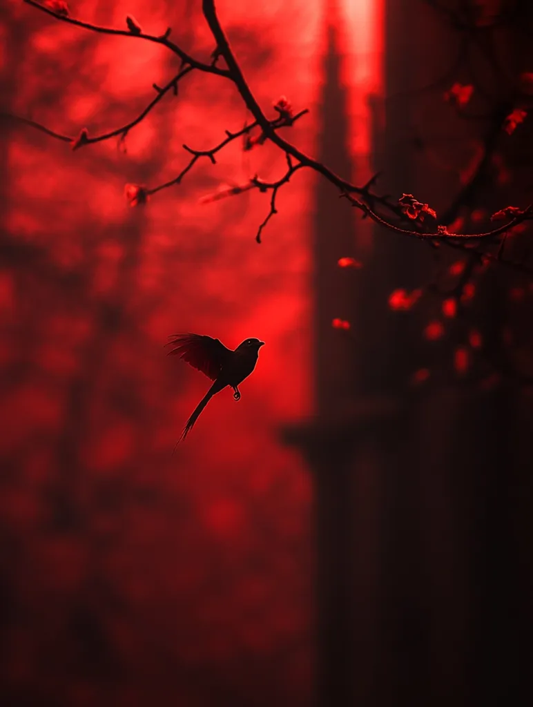 A single bird in silhouette flies against a vibrant red sky. The branches of a tree with tiny red buds are silhouetted in the foreground.  The sky is blurred, creating a dreamy, ethereal feel.  The red tones suggest a sunset or sunrise, evoking a sense of both beauty and mystery.