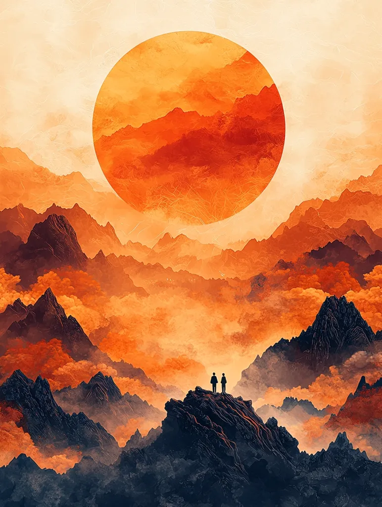 The image depicts a breathtaking mountain landscape bathed in a warm, orange glow. A large, orange sun dominates the sky, casting long shadows across the jagged peaks. Two figures stand silhouetted on a rocky outcrop, gazing out at the vast expanse of mountains and clouds. The scene conveys a sense of awe and wonder, as if the figures are witnessing a majestic natural spectacle. The vibrant colors and dramatic composition create a truly captivating image.