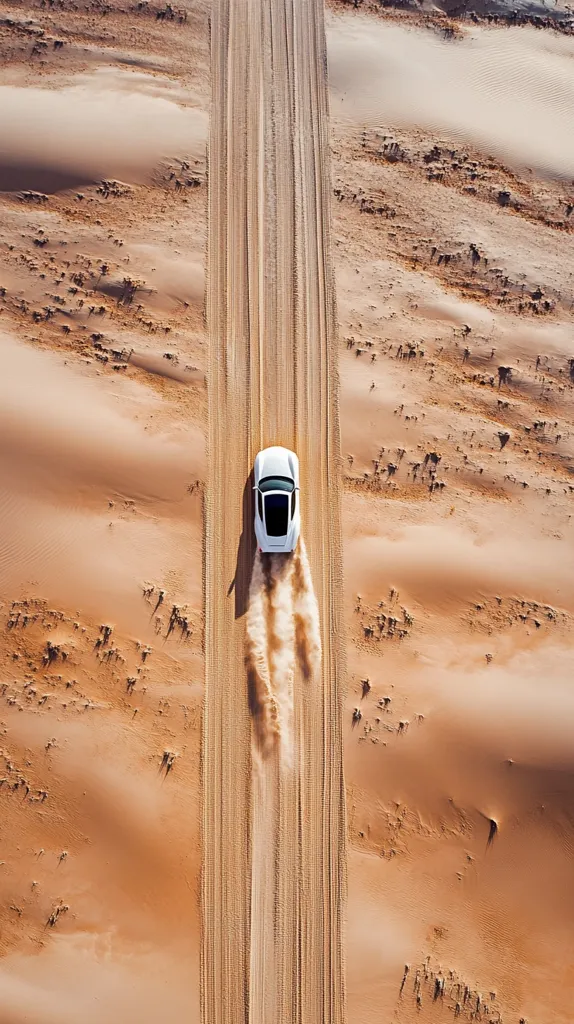 An aerial view of a white car driving down a sandy road in the desert. The car kicks up dust as it speeds along the straight, narrow path, leaving a trail behind it. The surrounding landscape is vast and barren, with only sand dunes as far as the eye can see. The image captures the feeling of isolation and adventure in the desert.