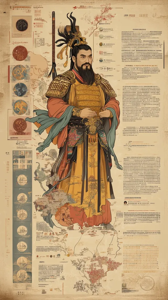 The image depicts a Chinese emperor standing in front of a map of his empire. He is dressed in ornate robes and holds a scepter. The map is a detailed representation of the empire's geography, including cities, mountains, rivers, and the sea. Textual information is included on the map, likely descriptions of the territories and other significant elements. The image is a visual representation of imperial power and the vastness of the Chinese empire.  The image uses a combination of illustrative style with traditional Chinese elements.