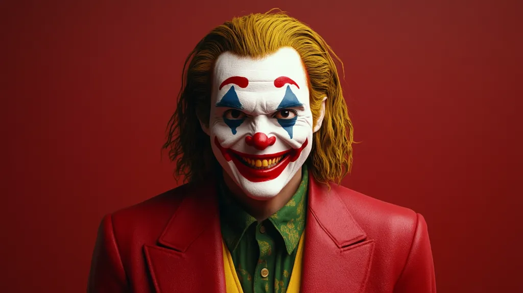 A man with a Joker-like makeup stares intensely at the camera. His face is painted white with a red smile, blue and red teardrop markings, and a red nose. He has long blonde hair, a red jacket, and a green and yellow shirt underneath. The background is a solid red. The image has an eerie and slightly unsettling atmosphere, creating a sense of unease and intrigue.